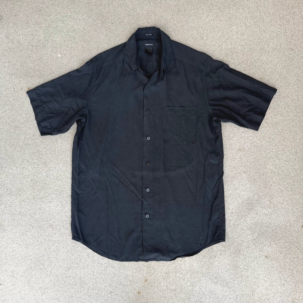 Claiborne Silk Mens Medium Button Down Shirt - Black Short Sleeve Pocket